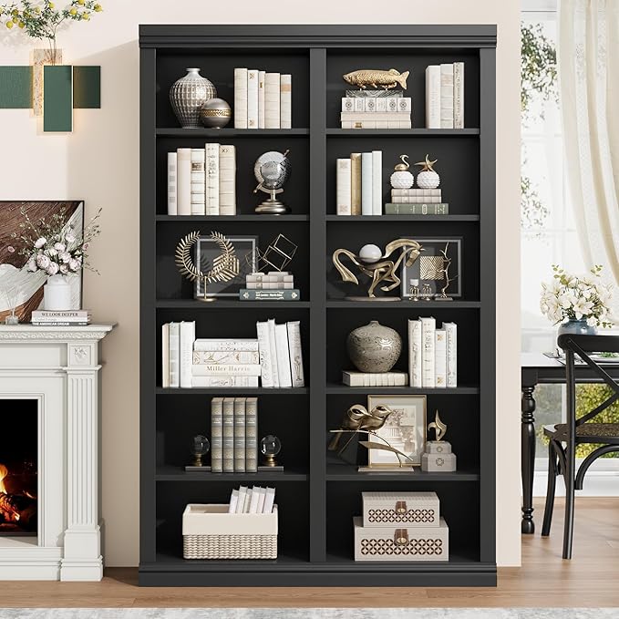 74.5" Tall Bookshelf with Double Storage, Extra Large Bookshelf, 6-Tier Double Wide Bookshelves w/ 12 Cubbies, Wide Freestanding Bookcases for Livingroom Office Library (Black)