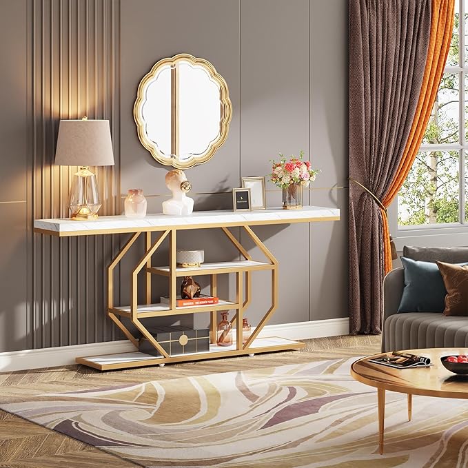 Tribesigns 70.9 inch Extra Long Console Table, Modern Gold Sofa Table Behind Couch with Storage, 4 Tier Entryway Accent Table for Living Room, Hallway, Entrance, Faux Marble White