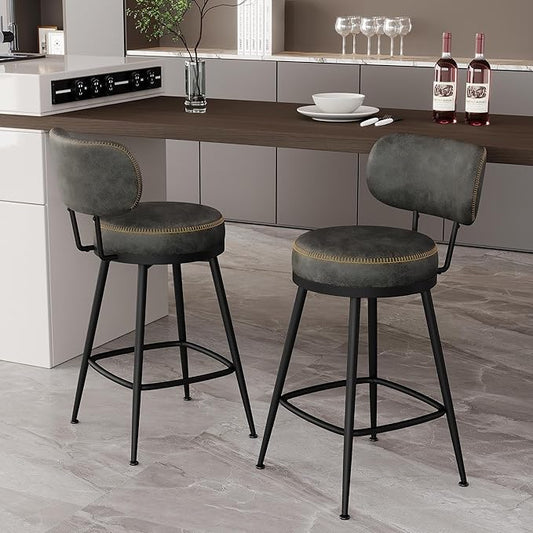 Counter Height Bar Stools, 26" H Swivel Barstools Set of 2, Faux Leather Kitchen Counter Stools with Back and Stylish Stitching, Metal Frame, Pub, Home Bar, Black Grey