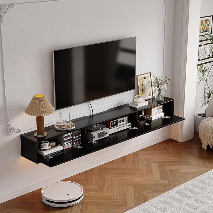 Retro Floating TV Console with 3 Doors,47'' High Gloss Floating TV Stand,Wall Mounted TV Cabinet,Contemporary Floating Media Console for Under TV Storage,Living Room,Bedroom(Black)