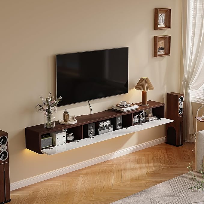 Floating TV Stand High Gloss,55'' Wall-Mounted TV Cabinet,Floating TV Console,Under TV Shelf with 3 Doors for Living Room Bedroom(Walnut+White)