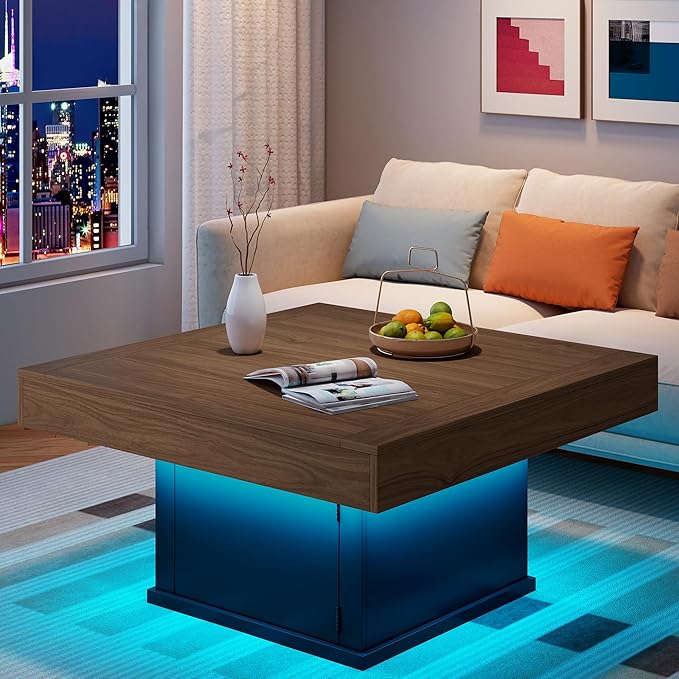 LED Coffee Tables for Living Room, Farmhouse Wood Coffee Table, 33.5" Square Coffee Table with Storage, Large Vintage Brown Center Table, Living Room Tables Cocktail Table (Vintage Brown)