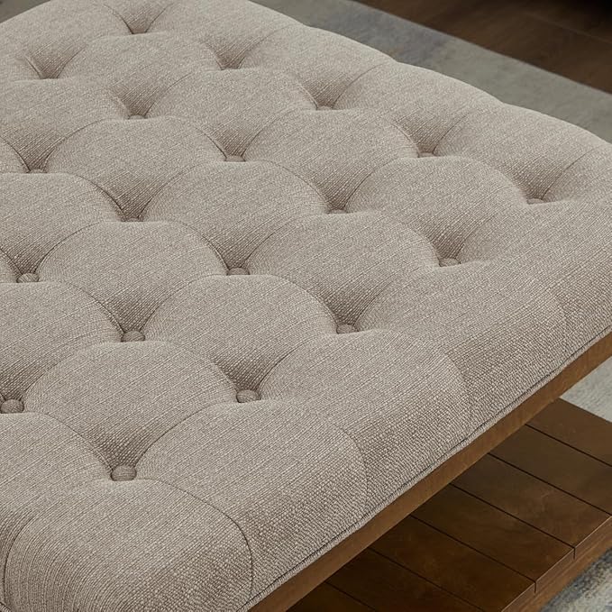 24KF Upholstered Square Coffee Table with Wooden Shelf, Tufted Button Large Square Ottoman with Spindle Wooden Legs, Linen Large Footrest Ottoman Pouf for Living Room, Linen