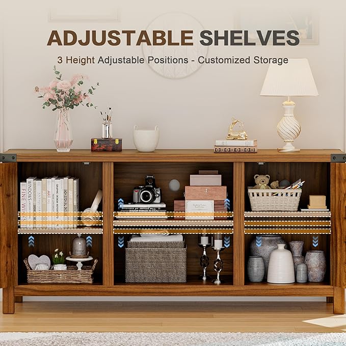 YESHOMY Farmhouse Buffet & Sideboard, 58" Kitchen Storage Cabinet with Adjustable Shelves & Doors, Wood Coffee Bar for Living Room, Entryway, Brown