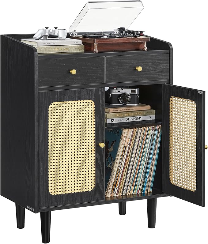 VASAGLE BOHOVEN Collection - Buffet Cabinet, Sideboard Storage Cabinet with Rattan-Like Doors and Drawers, Accent Cabinet, Adjustable Shelf, Boho Style, for Living Room, Ebony Black