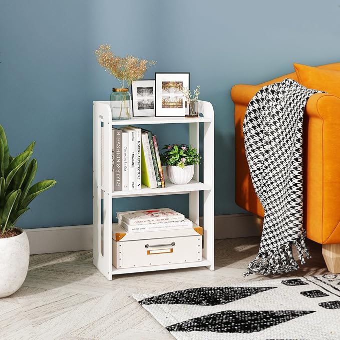 3 Tier End Table Nightstand White, Small Bookshelf with Open Shelf, Narrow Side Table Bedside Table for Bedroom, Living Room, Office, Bathroom