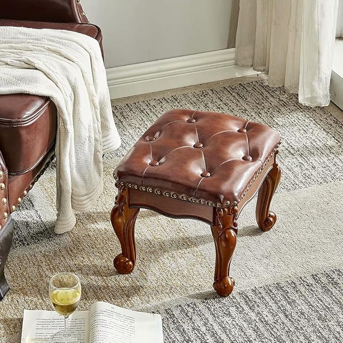 Foot Stool Ottoman with Microfiber Leather Cushion Footrest Sofa Stool for Hallway, Foyer, Living Room, Bedroom, Simple Assembly (Brown)