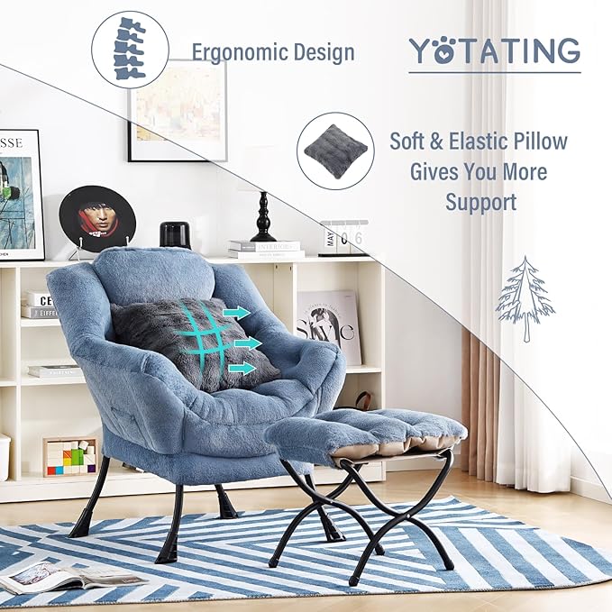 Lazy Chair with Ottoman, Comfy Reading Chair with Footstool & Throw Pillow Modern Lounge Accent Chair with Armrests & Side Pocket for Living Room, Bedroom, Dorm Room, Office