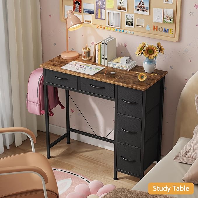Small Desk with 5 Fabric Drawers, 33 Inch Computer Desk for Home Office, Simple PC Desks for Small Places, Kids Girls Teen Wrting Table Study Table for Bedroom Dorm, Rustic Brown