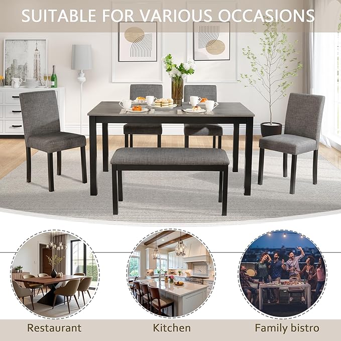 KEIKI 6-Piece Standard Height Dining Table Set with Rectangular Table, 4 Upholstered Curved Backrset Chair, Bench, for 6 Person, Modern Table Set, Easy Assembly, for Kitchen, Dining Room, Black+Gray