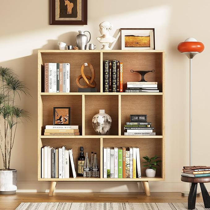Shintenchi Cube Storage Organizer, 3 Tier Mid-Century Bookcase with Legs Cubeicals Retro Wood Organizer Storage Bookcase, Freestanding Open Book Shelves for Bedroom,Living Room,Office(Natural)