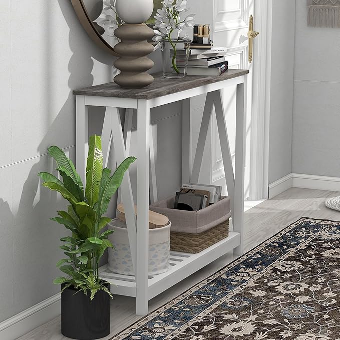 Farmhouse Console Table for Entryway, 39.3 Inch Sofa Table with Storage Shelf, Hallway Table, Narrow Behind Couch Table for Foyer, Living Room，Oak Grey