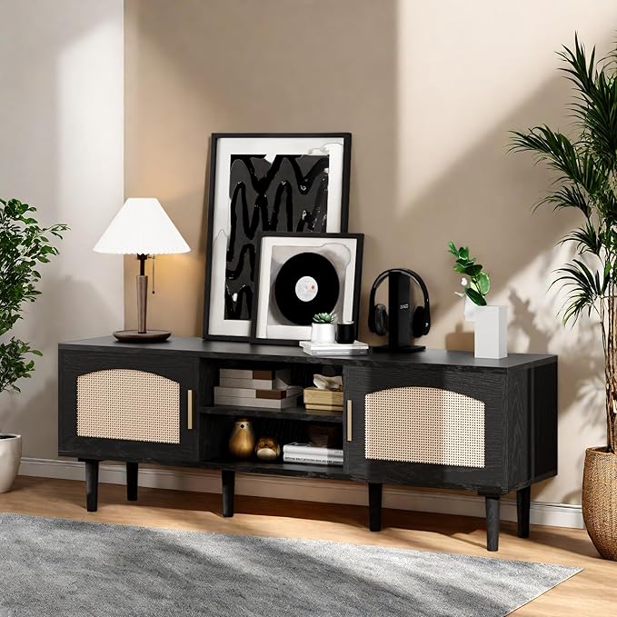 TV Stand for TVs up to 60", Modern Entertainment Center with 2 Rattan Doors, TV Cabinet with Solid Wood Legs & Golden Handles, TV Media Console Table for Living Room, Black & Wood