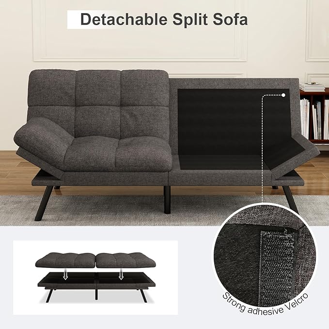 Vipbear Futon Sofa Bed Couch, 71" Convertible Sofa Bed, Space-Saving Loveseat with Adjustable Backrest & Armrest for Living Room,Apartment,Office,Pure Grey Sleeper Sofa
