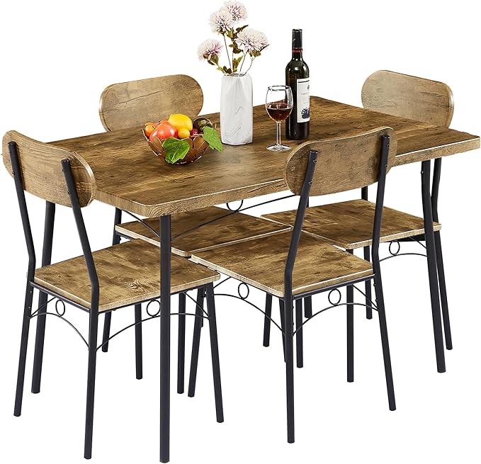 VECELO Kitchen Table Chairs Set for 4, 5 Piece Wood Dining Room Table with 4 Chairs, Perfect for Small Spaces, Compact Kitchen, Breakfast Nook, Brown