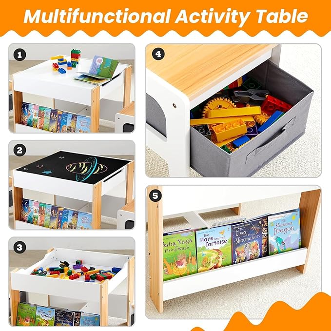 Asweets Kids Table and Chair Set,4 in 1 Toddler Desk with Storage Drawer,Wooden Activity Table for 2 in 1 Detachable Tabletop,Bookshelf,Suitable for Classroom,Home,Nursery,Playroom (Pure White)