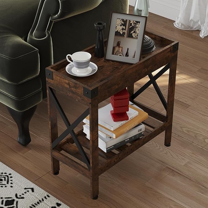 Narrow Side Table, Slim End Table with Charging Station for Small Spaces, with 2 USB and 2 Power Outlets, 21.7" L x 10" W x 21.7" H