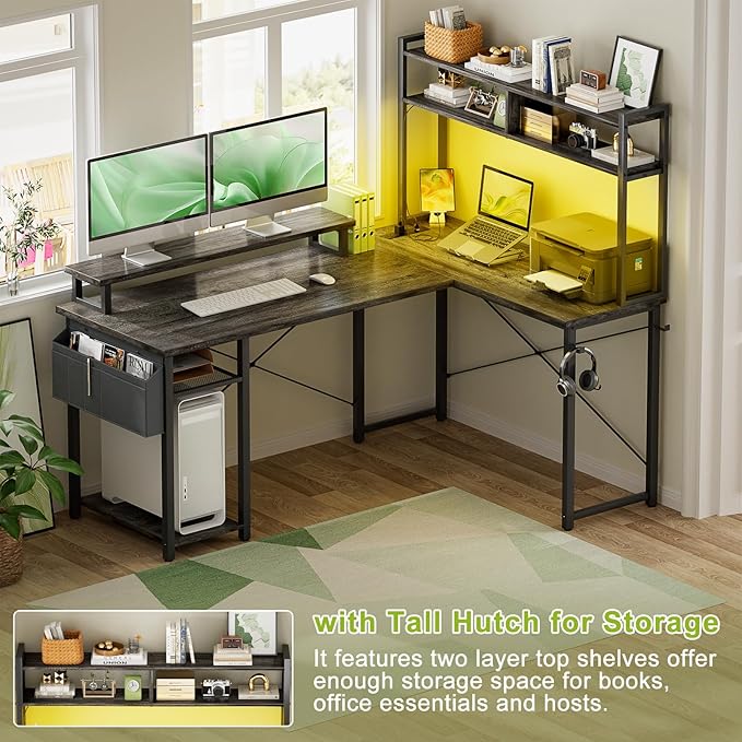 Small L Shaped Gaming Desk with Power Outlets, 48" Reversible L Shaped LED Computer Desk with Monitor Stand & Storage Shelf, Corner Gamer Desk Home Office Desk with Storage Bag, Black Oak