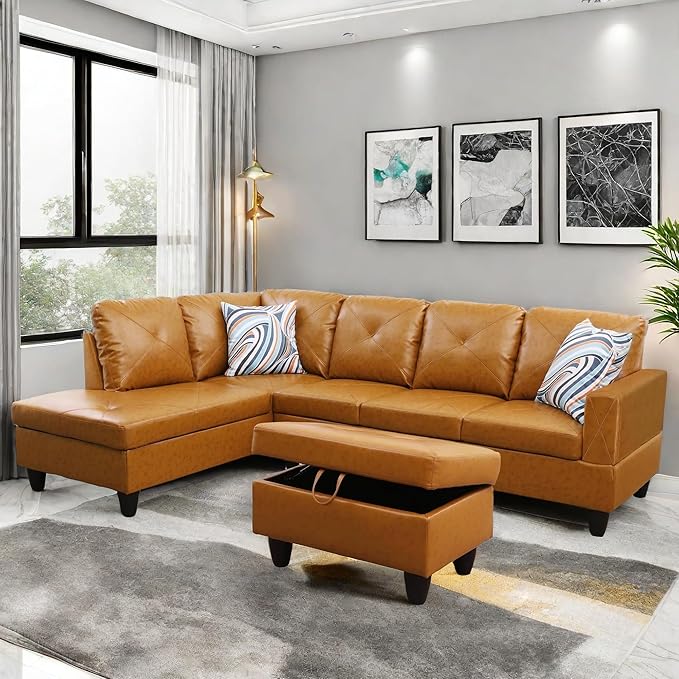 Modular Leather Sectional Couch, L Shaped Couch with Storage, Convertible Sofa with Ottomans, Modern Sectional Sofa for Living Room and Office, Ginger