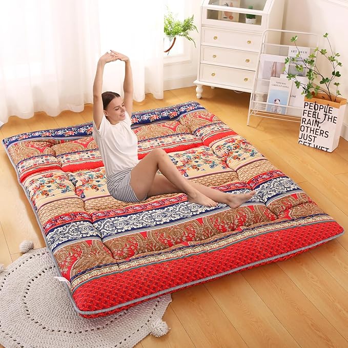 Bohemian Retro Japanese Floor Mattress, Vintage Floral Tatami Floor Mat, Portable Roll up Futon Mattress for Guest,Tavel (A,Queen80 X 60")