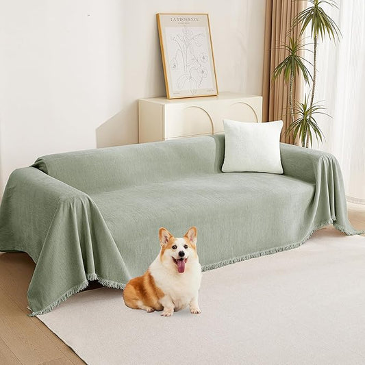 MYSKY HOME Easy Fitted Couch Cover for Dogs - Stain Resistant Sage Sofa Cover for 2 Cushion Loveseat - Multi-Use Sectional Universal Tassel Throw 91"X 118"