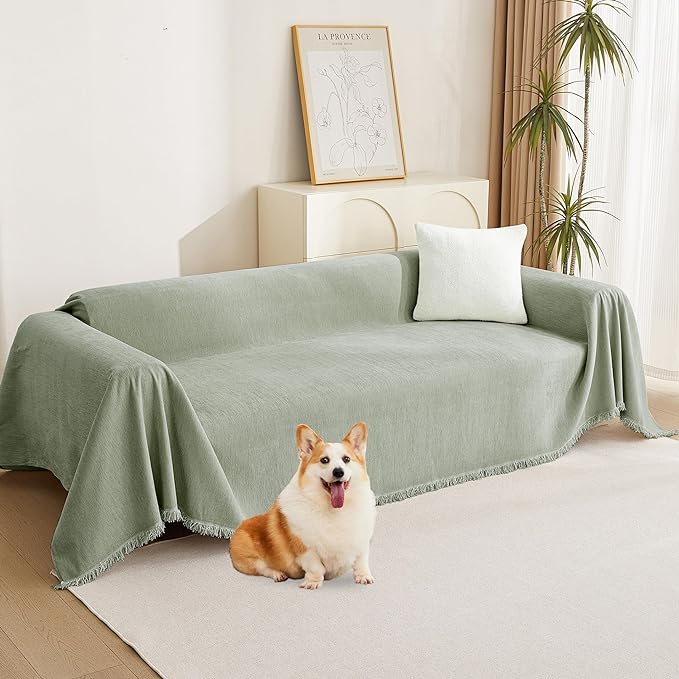 MYSKY HOME Chenille Sofa Slipcovers Sage Green Sofa Covers with Tassel Edge L Shaped Sectional Couch Covers for 3 Cushion Couch, Washable Thick Durable Furniture Protector for Dogs Kids 71"x 134"