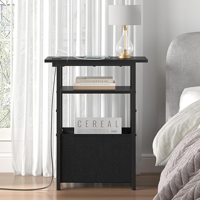 Narrow Side Table with Charging Station Set of 2, Small End Table for Small Spaces, Skinny Nightstands Set 2 with Storage Basket, 3 Tier Sofa Bedside Tables for Living Room,Bedroom, Black
