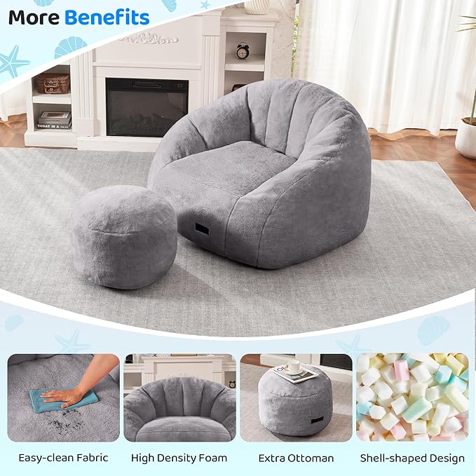 HABUTWAY Bean Bag Chair, Giant Bean Bag Chairs for Adults with Ottoman, Comfy Faux Fur Shell-Shaped Bean Bag Couch, Sofa Chair for Living Room, Bedroom, Grey