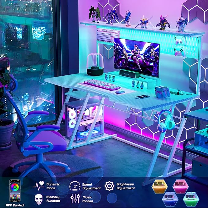 Armocity 53'' White Gaming Desk with Hutch and LED Lights, Gaming Computer Desk with Storage Shelves & Z-Shaped Legs, Reversible PC Game Desk with Pegboard for Bedroom, Carbon Fiber Surface