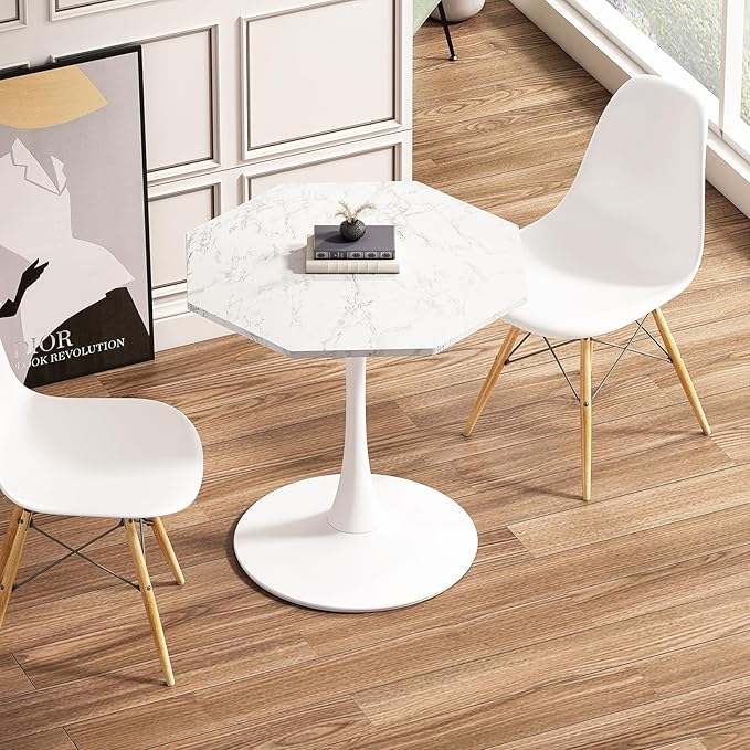 31.5 in Hexagonal Pedestal Dining Table for 2, Small Tulip Bistro Table with Metal Base, Space Saving Breakfast Nook Furniture for Home Cafe Apartment, Marble White