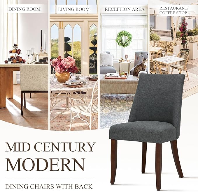 COLAMY Upholstered Dining Chairs Set of 6, Mid Century Modern Kitchen Chairs with Back, Farmhouse Fabric Side Dining Room Chairs with Wood Legs for Dining Room Restaurant, Dark Grey