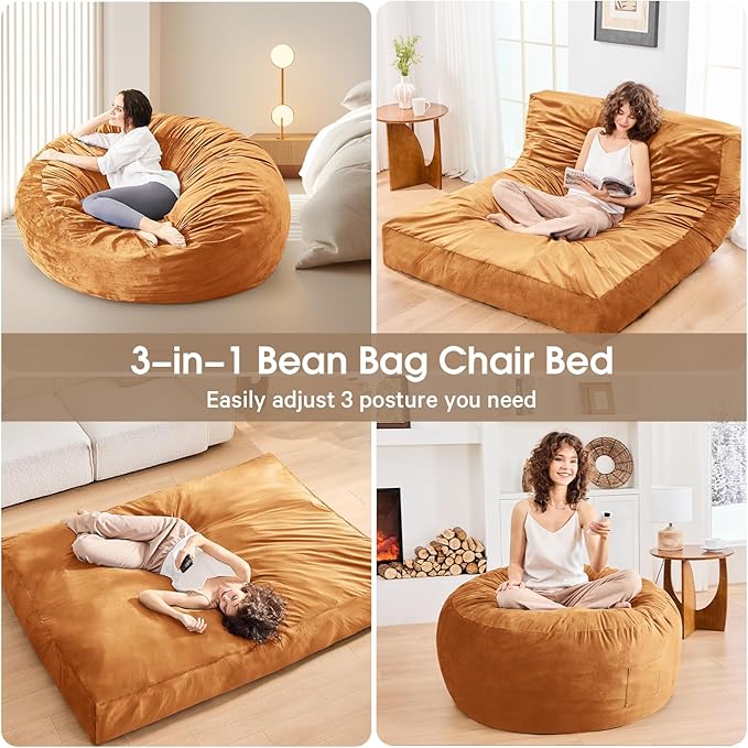 Bean Bag Chairs for Adults - Giant Bean Bag Chair Convertible Bean Bag Bed - Beanbag Chair with Micro Fiber Cover/Furniture Foam Filler - Floor Couch Sofa in Bedroom Dorm Room - Queen Golden Brown