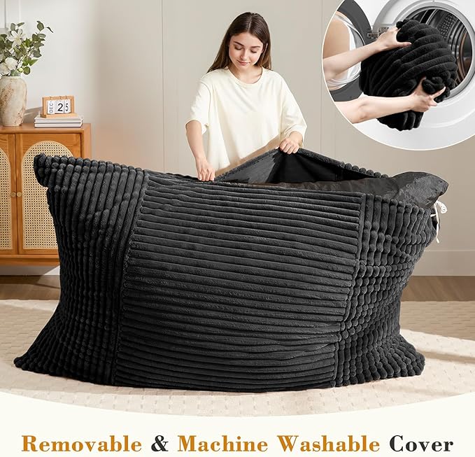 3-in-1 Giant Bean Bag Chair for Adults & Kid, Convertible Floor Sofa to Mattress, High-Density Foam Chair Bed with Washable Cover, Multi Functional Lounge Couch for Bedroom, Living Room (Black)