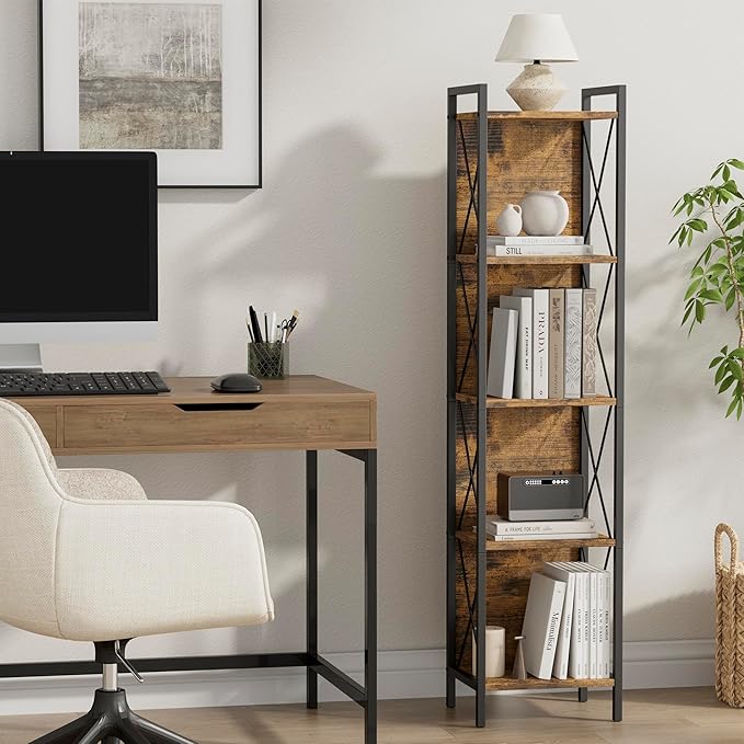 Homhedy 5 Tier Bookshelf Bookcase, Tall Narrow Bookshelf for Small Space, Metal Storage Shelves with Back Panel, for Home Office, Living Room, Kitchen, Bedroom, Industrial Style, Rustic Brown