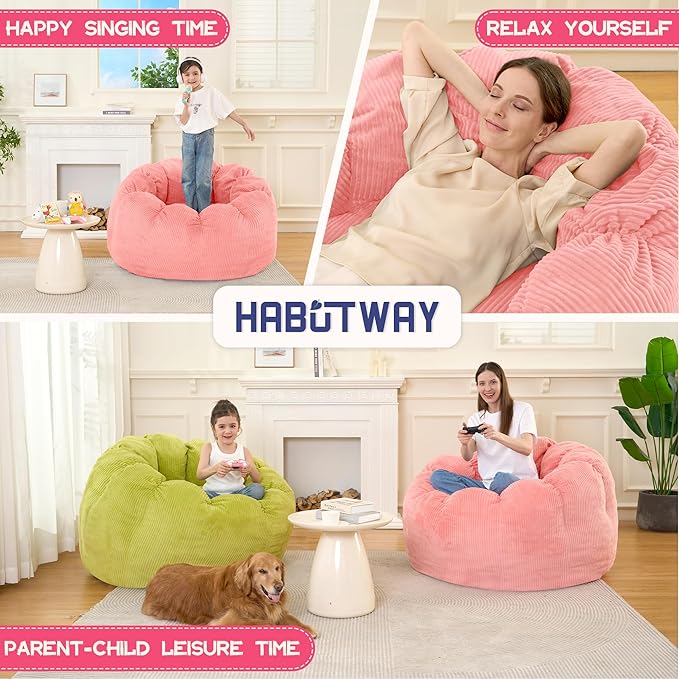 HABUTWAY Giant Bean Bag Chair for Adults/Kids/Teens, Pumpkin Bean Bag Couch Comfy Reading Chair for Bedroom, Corduroy Lazy Sofa Loughe Chair with Wider Seat Depth & Non-Slip Bottom(Pink)