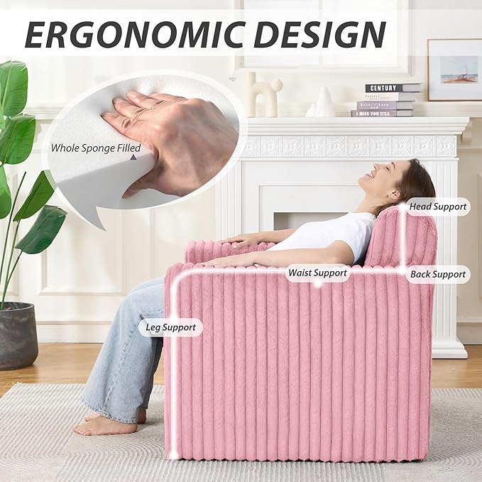 Giant Bean Bag Chair for Adults, Non-Slip Floor Sofa with High Backrest & Wider Armrest, Upgrade Whole Sponge Bean Bag Sofa Couch for Bedroom Living Room(Large,Pink,Stripe Plush)