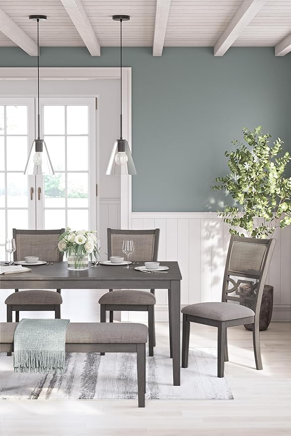 Signature Design by Ashley Wrenning Modern Diamond Patterned Dining Table with 4 Upholstered Chairs and Bench, Set of 6, Gray & Light Gray