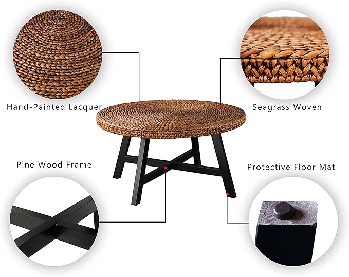 RANDEFURN Round Coffee Table, Seagrass Coffee Solid Pine Wood X Base Frame Cocktail Table, Easy Assembled, Multiple Sizes for Living Room, 32 x 17 Inches,Gold