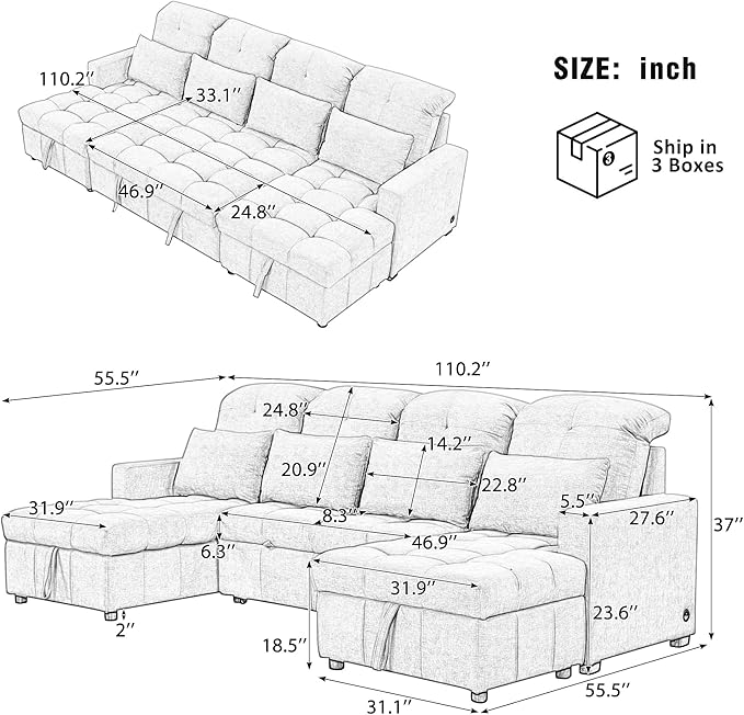 Ball & Cast 110.2" Oversized Versatile Sectional Sleep Sofa with Two USB Ports,U-Shape 4 Seat Pull-Out Couch w/Double Storage Chaise Lounges,for Living Room,Apartment,Office,Beige