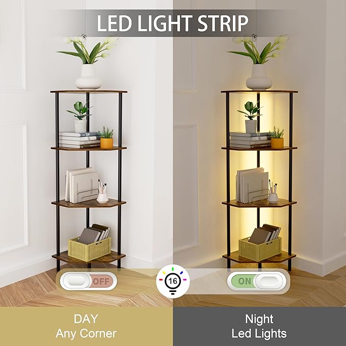 Corner Shelf Stand, Storage Standing Shelf Unit with Metal Frame, Narrow Bookshelf with LED Light Brown Plant Display Stand, Multi Unit Organizer Corner Cabinet for Bedroom, Living Room (4 Tier)