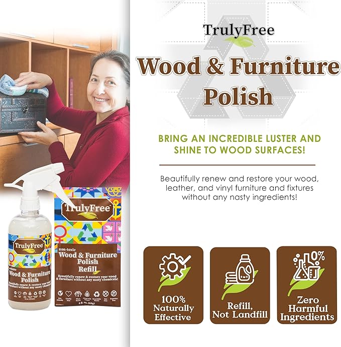 Natural Wood Cleaner & Furniture Polish - Leather Cleaner, Vinyl, Furniture & Wood Polish, Helps Remove Water Stain, Unscented - Includes: 1 Refillable Empty 12oz Bottle & 1 Refill(3 fl oz)