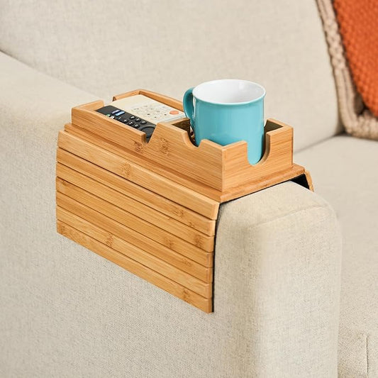 Couch Cup Holder Tray - Portable Sofa Arm Tray Table - Anti-Spill Armchair Caddy Couch Arm Table Snack Organizer with Removable Tray - Remote Control Holder Perfect for Cups, Snacks, Phone