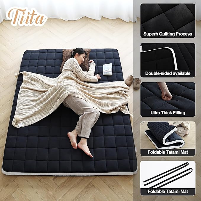 Tiita Japanese Floor Mattress, 4” Thicken Futon Mattress with Storage Bag and 2 Straps，Queen Size Sleeping Tatami Mat for Adults，Black