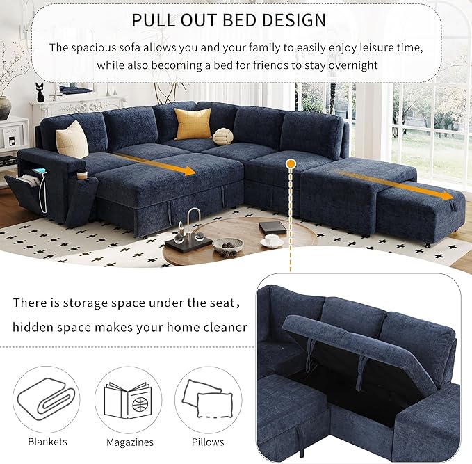 Merax L-Shaped Modular Sectional Sofa with Removable Storage Ottoman, USB Ports and Cup Holder, 6-Seats Upholstered Couch & Armrest, Free Combination Indoor Furniture for Living Room, Apartments, Blue