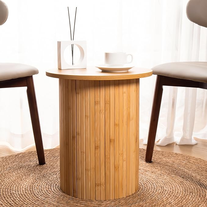 Handcrafted Round Fluted Pedestal End Table with Natural Wood Grain & Bamboo Base – Round Side Table, Coffee Table, Drink Table, Bedside Table for Bedroom, Living Room - 15.7” x 17.8” x 12”