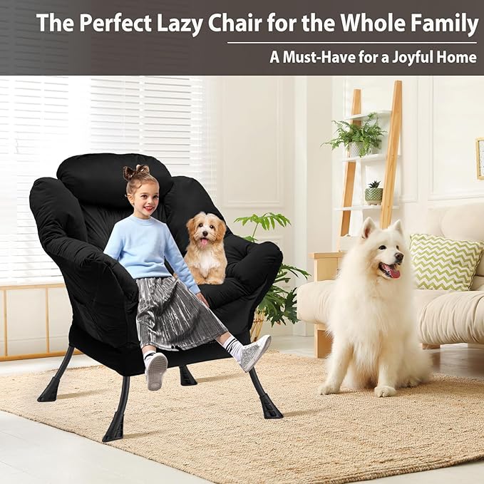 Lazy Chair Thick Padded, Comfy Velvet Accent Lounge Chair with Stable Frame, Leisure Sofa Armchair with Armrests and Side Pocket, Reading Chair for Bedroom, Living Room, Office, Black