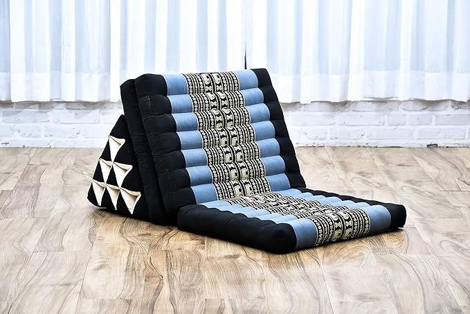 Leewadee - Comfortable Japanese Floor Mattress - Thai Floor Bed with Triangle Cushion - Futon Mattress - Thai Massage Mat, 67 x 21 inches, Blue, Kapok Filling