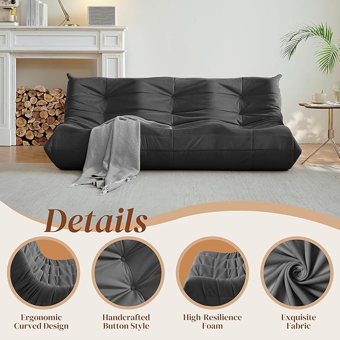 Bean Bag Chair, Large Fireside Chair Bean Bag Sofa for Adults, 3 Seater Bean Bag Chairs for Teens with High-Resilience Foam, Memory Foam Bean Bag for Living Room, Bedroom, Office (Suede, Dark Gray)