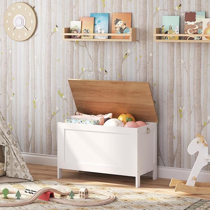 HOOBRO Toy Box, Retro Wooden Look Storage Chest with Safety Hinge, Entryway Storage Bench Supports 220 lb, 29.9 x 15.7 x 18.9 Inches Toy Chest Organizer, Easy Assembly (White and Walnut) WH75CW01G1