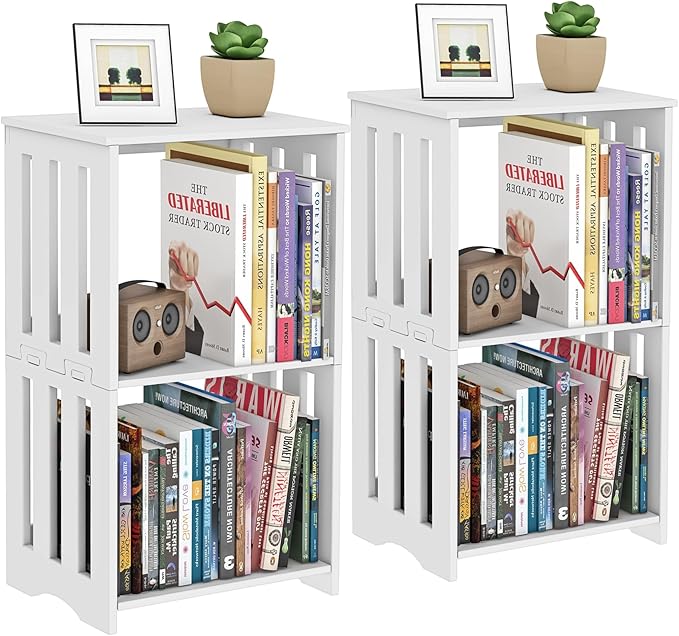 3-Tier End Table Night Stand Set of 2, White Side Table Small Bookshelf Bedside Table for Bedroom, Living Room, Office, Bathroom